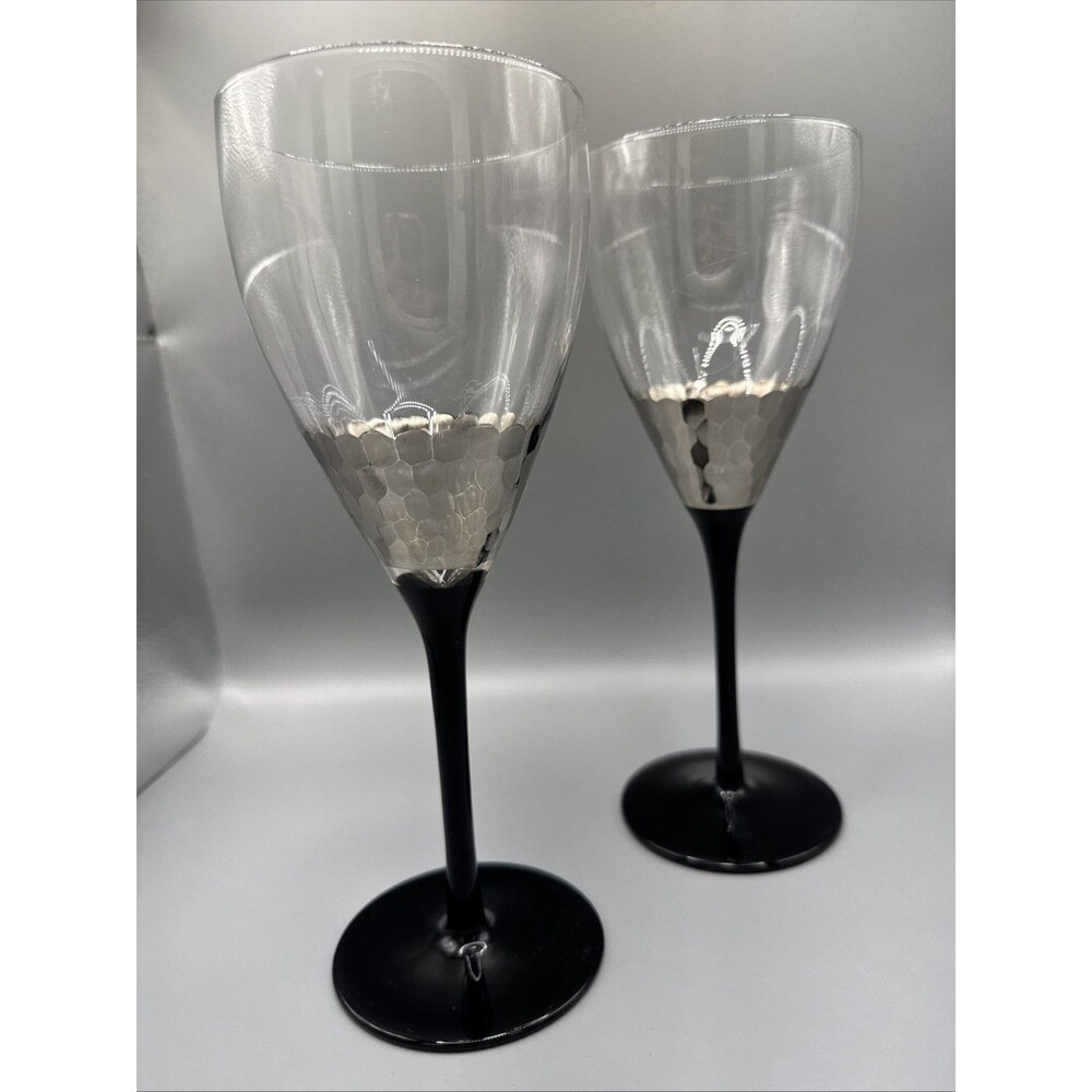 Artistic Accents Set Of Two Wine Glasses, Silver Scales, Black Stem 9.25”.